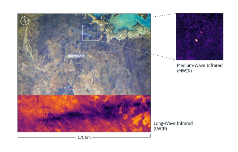 Buschbrände in Borroloola, Australian, erkannt vom OroraTechs FOREST-1 Satellit am 24. Mai um 10:15:37 Ortszeit.