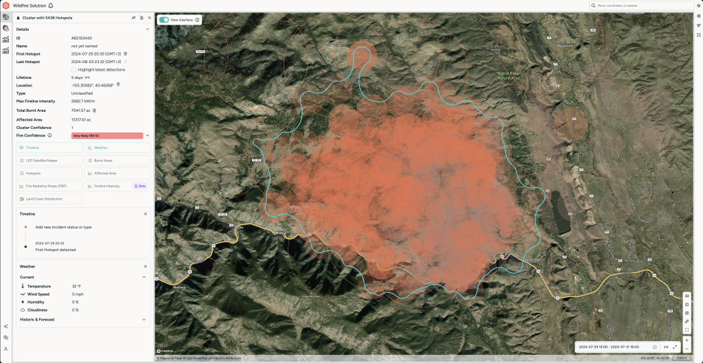 The Alexander Mountain Fire in Larimer County as seen in OroraTech's Wildfire Solution, July 2024