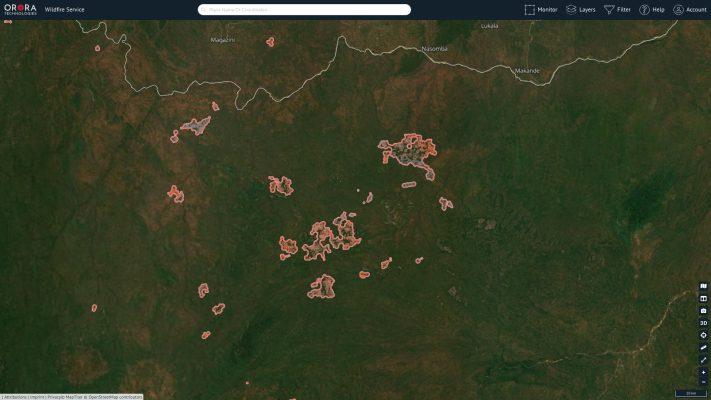 Hotspot detection and clusters in the Niassa Reserve from OroraTech's wildfire monitoring service