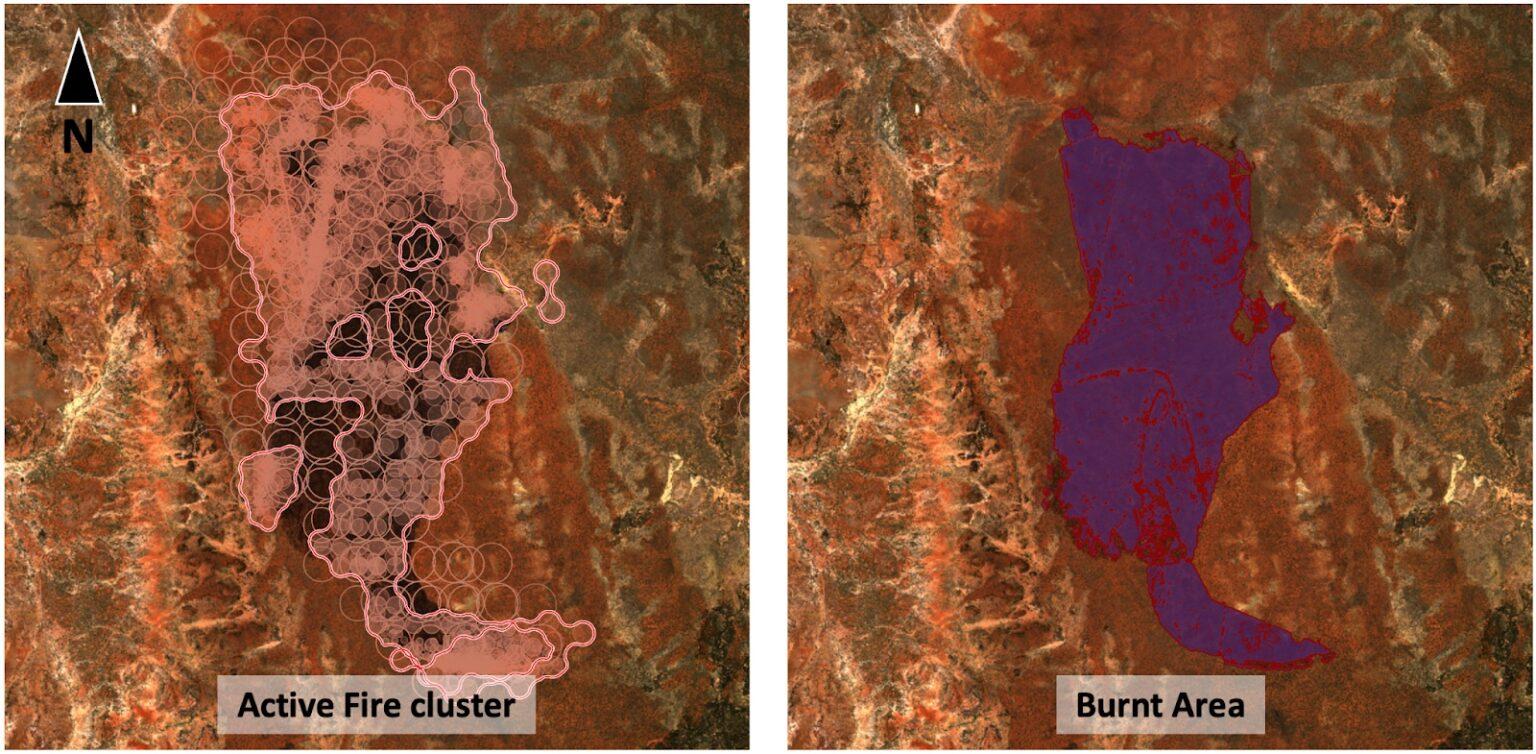 The comparison between the Active Fire and Burnt Area feature of a fire in Queensland, December 2022.