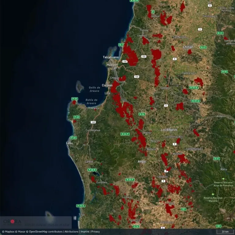 The image shows multiple red zones, indicating the burnt areas over Chile. OroraTech’s new Burnt Area Mapping feature shows all the burnt scar detections spotted over the country as of February 28, 2023, through the burnt area product from Sentinel-3 satellite. 