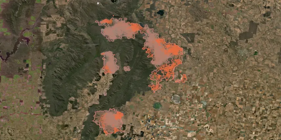 map showing digital overview from space, detecting fires with a satellite