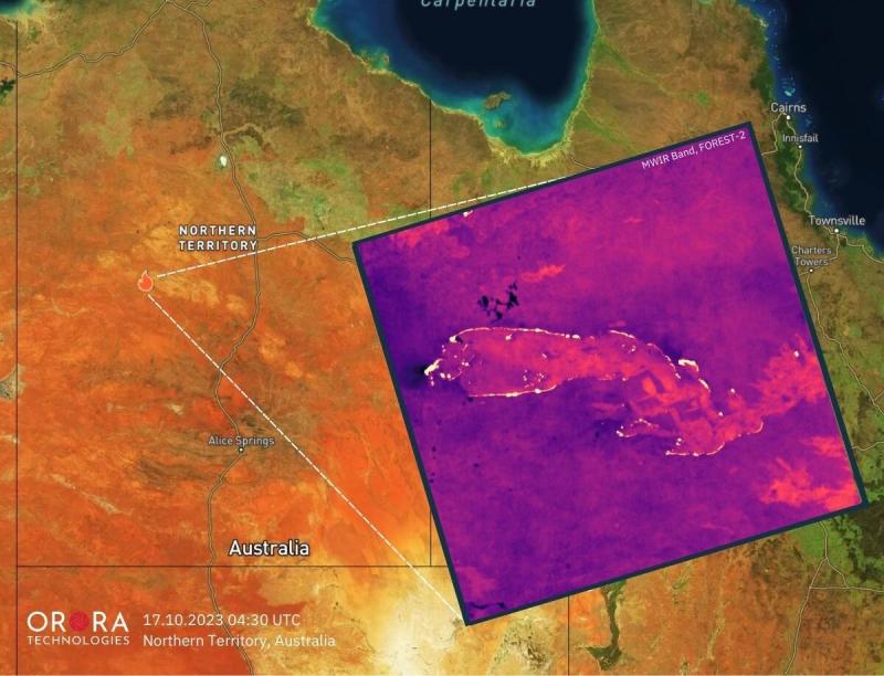 OroraTech's image of a fire in Northern Territory, Australia on October 17, 2023 via FOREST-2, Mid-Wave Infrared Band. 