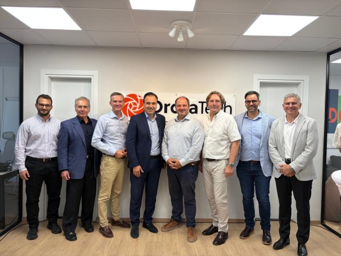 Left to right: Dimitris Bliziotis, Hellenic Space Center; Dr. Emmanuel Rammos, Hellenic Space Center; Viktor Gauk, OroraTech; Dimitris Papastergiou, Greece's Minister of Digital Governance; Prof. Konstantinos Karantzalos, Ministry of Digital Governance; Dr. Axel Roenneke, OroraTech; Ioannis Lantouris, OroraTech; Svein Lokas, European Space Agency