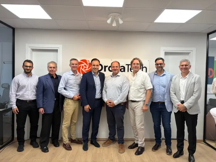 Left to right: Dimitris Bliziotis, Hellenic Space Center; Dr. Emmanuel Rammos, Hellenic Space Center; Viktor Gauk, OroraTech; Dimitris Papastergiou, Greece's Minister of Digital Governance; Prof. Konstantinos Karantzalos, Ministry of Digital Governance; Dr. Axel Roenneke, OroraTech; Ioannis Lantouris, OroraTech; Svein Lokas, European Space Agency