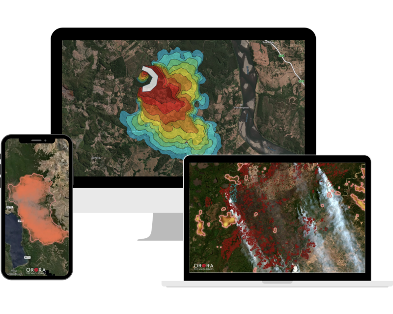 Examples of OroraTech's Wildfire Solution in action, a platform for wildfire detection &amp; monitoring. From left to right, the image includes our Hotspot Detection, Fire Spread &amp; Burnt Area products.