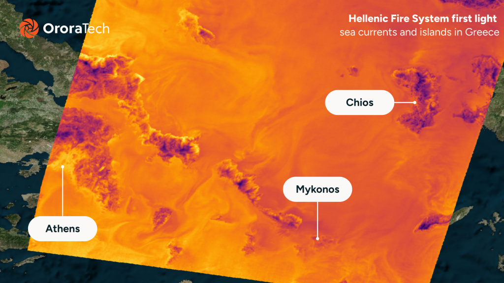 The Hellenic Fire System's first light image of the Aegean Sea in Greece.