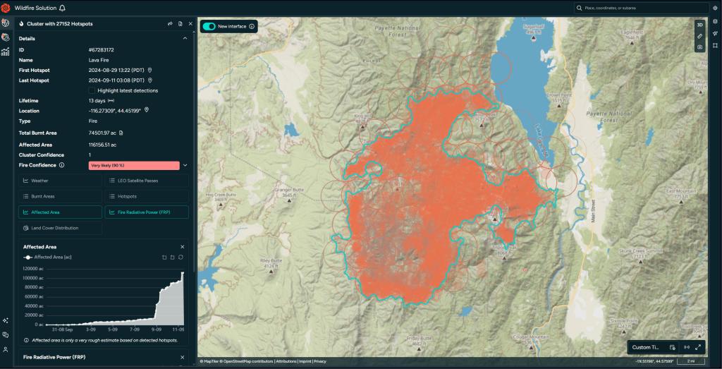 The 2024 Lava Fire in Idaho, as seen in OroraTech's Wildfire Solution platform.
