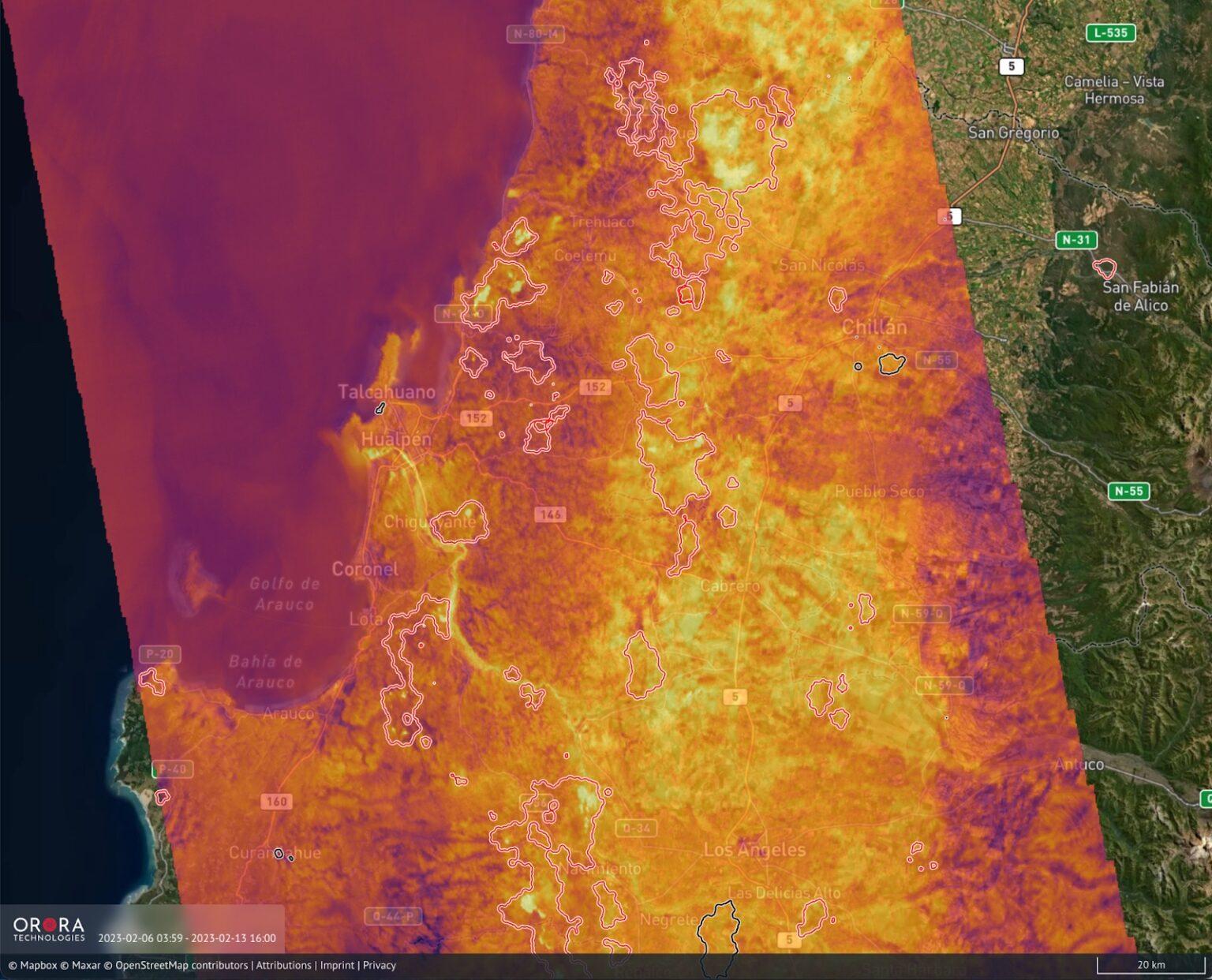 LWIR Image taken by OroraTech’s satellite FOREST-1 on 2023-02-09 11:08 Chilean local time. In yellow the active fire fronts at that specific point in time compared to the surface temperature in purple tones. We can clearly see severe wildfires close to Los Ángeles