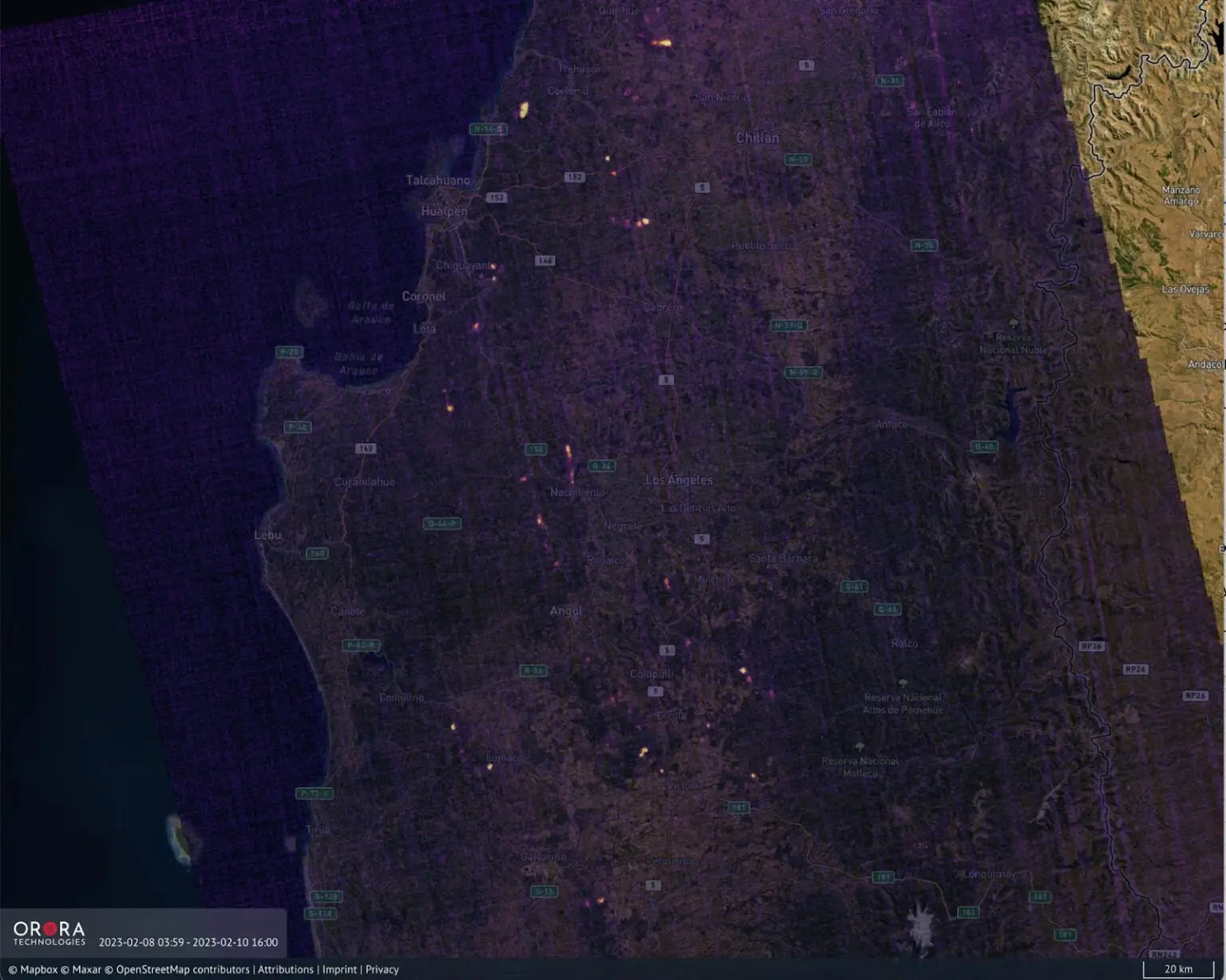 MWIR Image taken by OroraTech’s satellite FOREST-1 on 2023-02-09 00:31 Chilean local time. In yellow the active fire fronts at that specific point in time. 