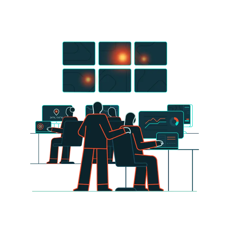 a group of experts watching fires and monitoring their area of interest on multiple screens