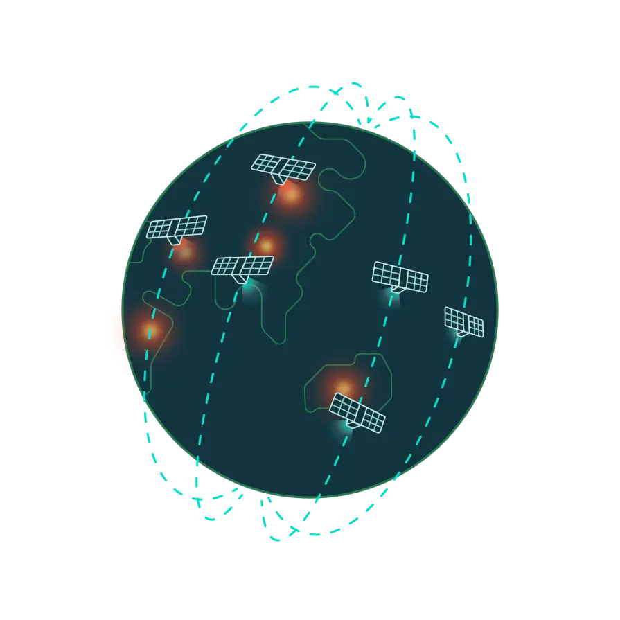 multiple satellites circulating the earth and scanning the ground for fires