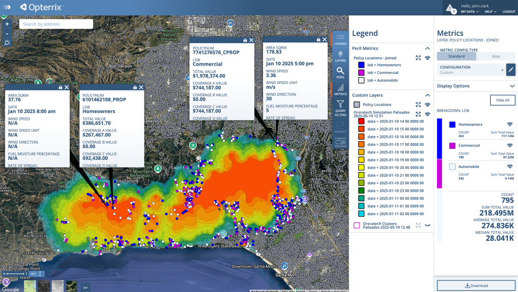 OroraTech Fire Spread modelling integrated into the Opterrix platform, visualizing affected policy holders in the Palisades Fire