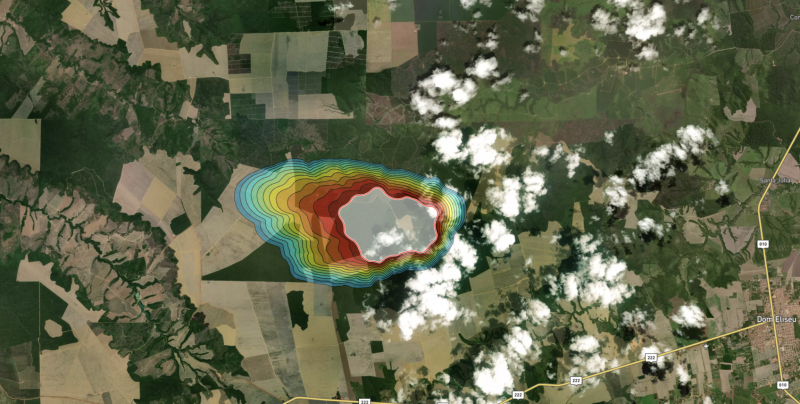 A wildfire detected outside of Dom Eliseu, Pará, Brazil. The fire cluster is shown in grey, as well as a 12-hour Fire Spread simulation. 