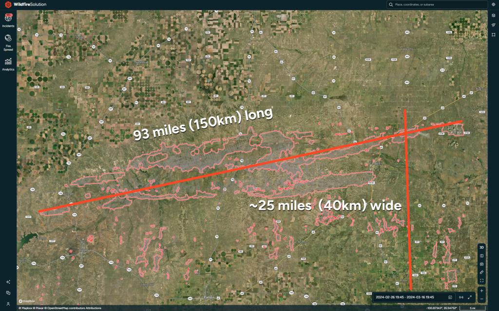 This image shows the total size of the Smokehouse Creek fire within our Wildfire Solution platform