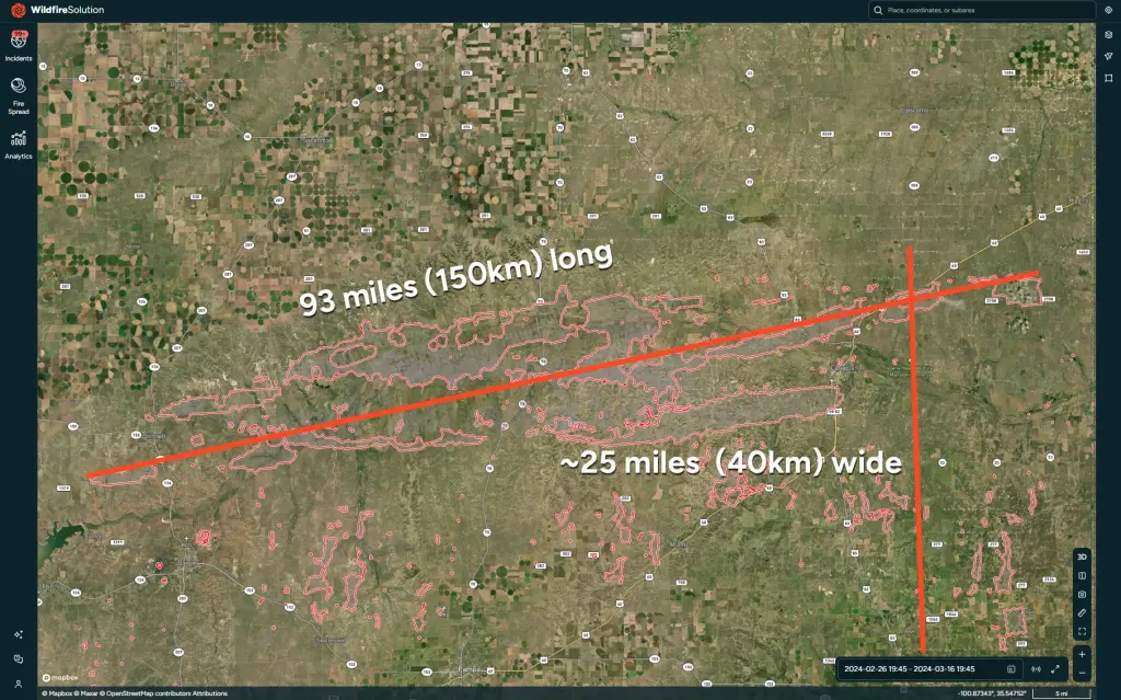 This image shows the total size of the Smokehouse Creek fire within our Wildfire Solution platform