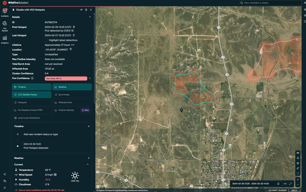 The starting point of the Smokehouse Creek fire, first detected by the GOES-18 satellite at 12:56pm CST