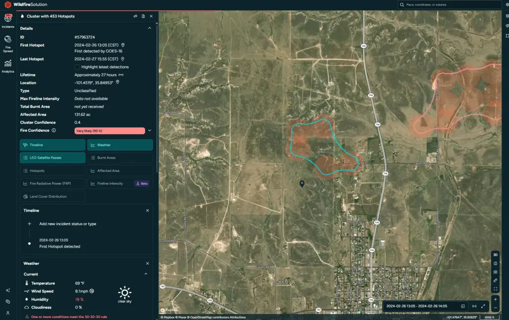 The starting point of the Smokehouse Creek fire, first detected by the GOES-18 satellite at 12:56pm CST