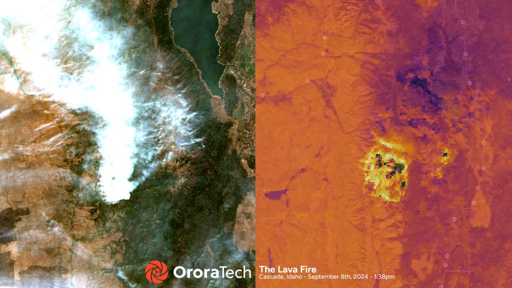 A satellite's view of Idaho's Lava Fire in 2024 - optical imagery on the left, infrared imagery on the right