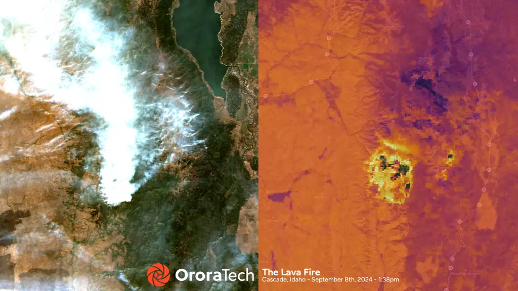 A satellite's view of Idaho's Lava Fire in 2024 - optical imagery on the left, infrared imagery on the right