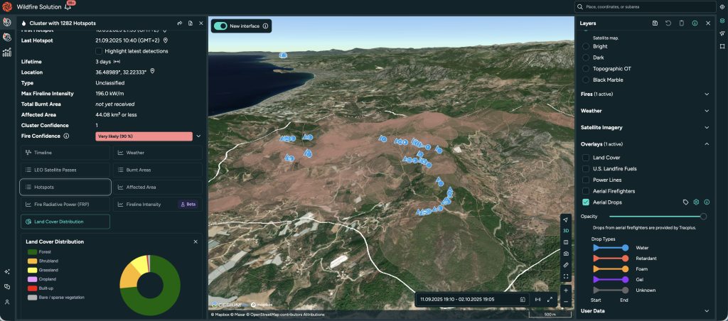 TracPlus drop data as seen within OroraTech's wildfire solution. Different types of retardant can be seen visually to plan mitigation efforts based on fire location.