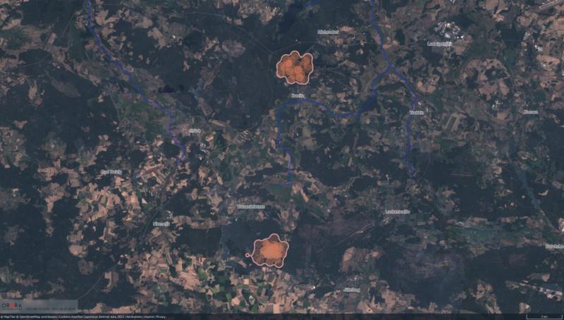 OroraTech Wildfire Service detected the fire clusters of the two big wildfires near Beelitz and Treuenbrietzen in Brandenburg two hours before official notices were received, collected through Sentinel-2 imagery, June 2022